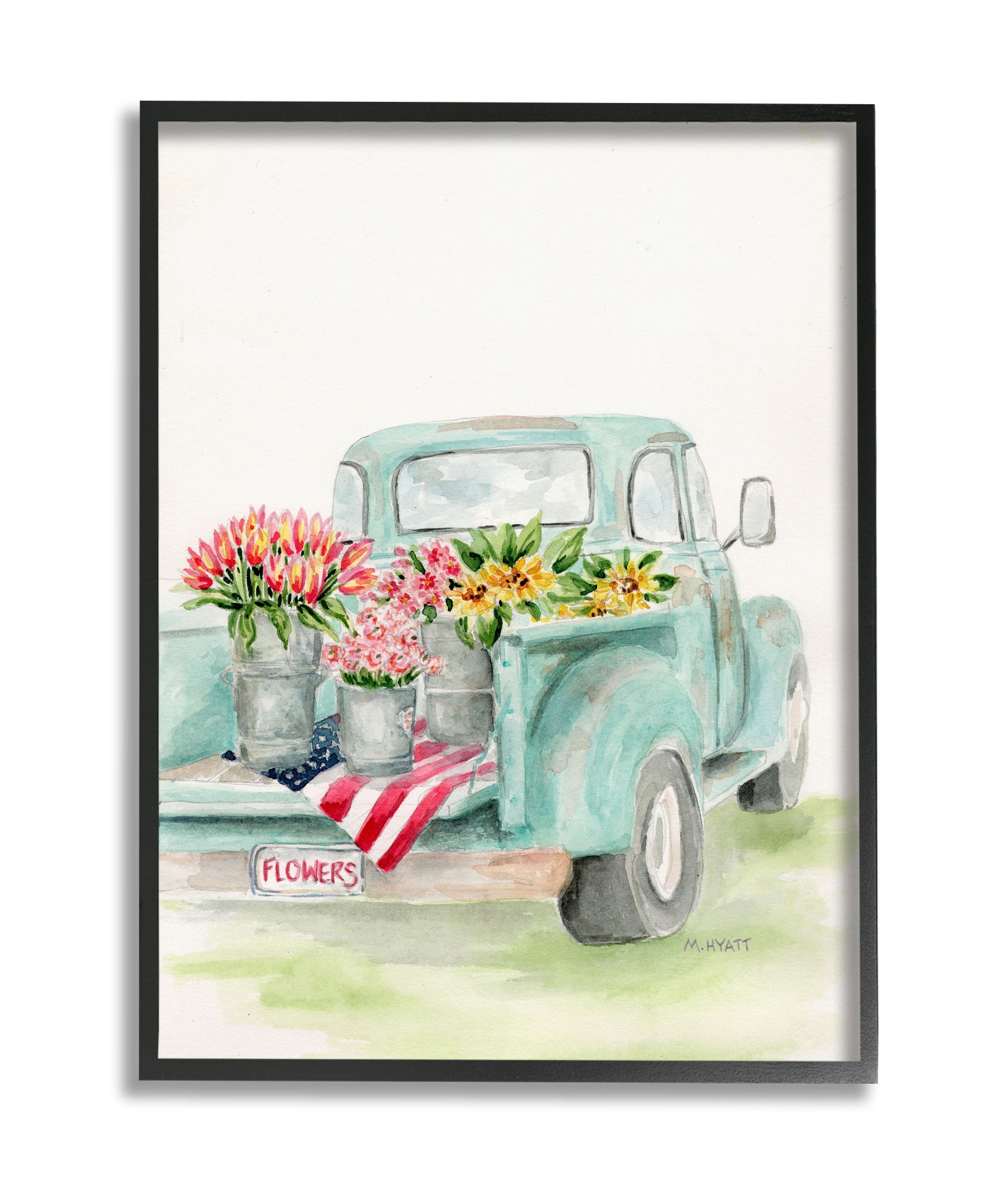 Stupell Industries Vintage Blue Pick-Up Truck Floral Farm Bouquets Framed Wall Art